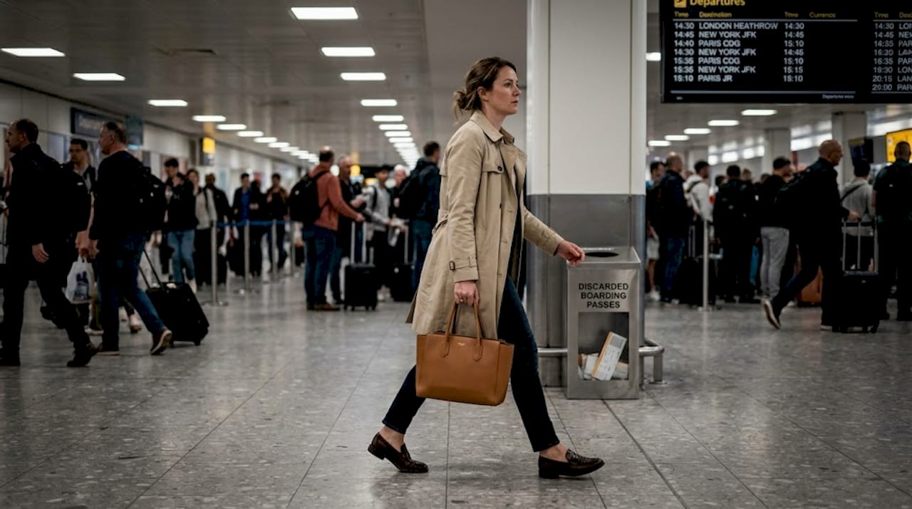 Woman walking with designer bag at airport