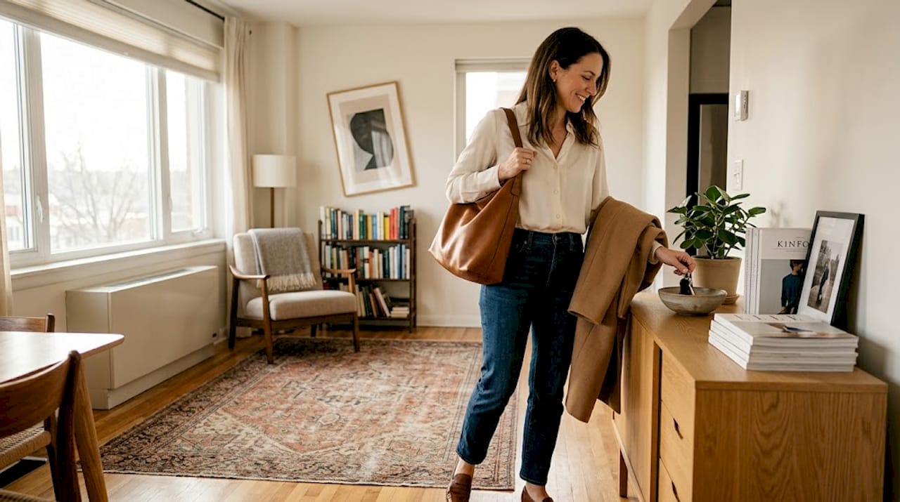 Woman carrying shoulder bag enters cozy living room