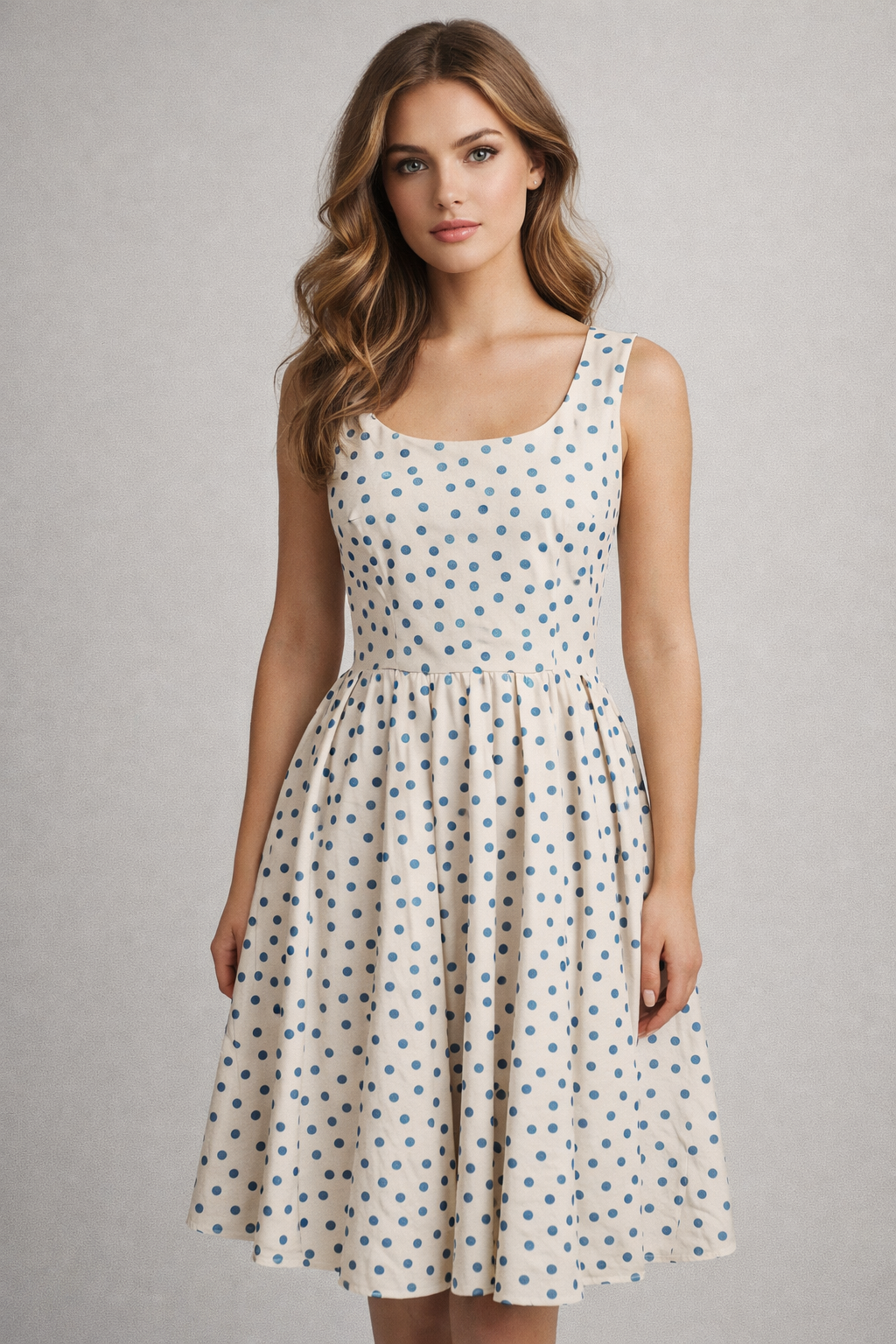 Beige Dotted Cotton A-Line Gown Dress
