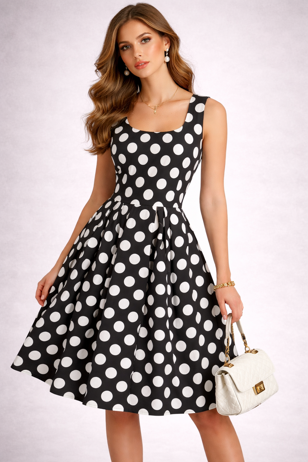 Black Polka Dotted Cotton A-Line Dress