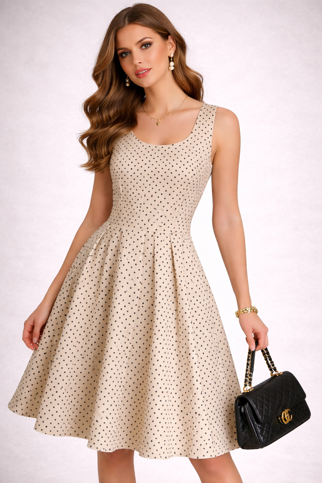 Beige Polka Dotted Cotton A-Line Dress